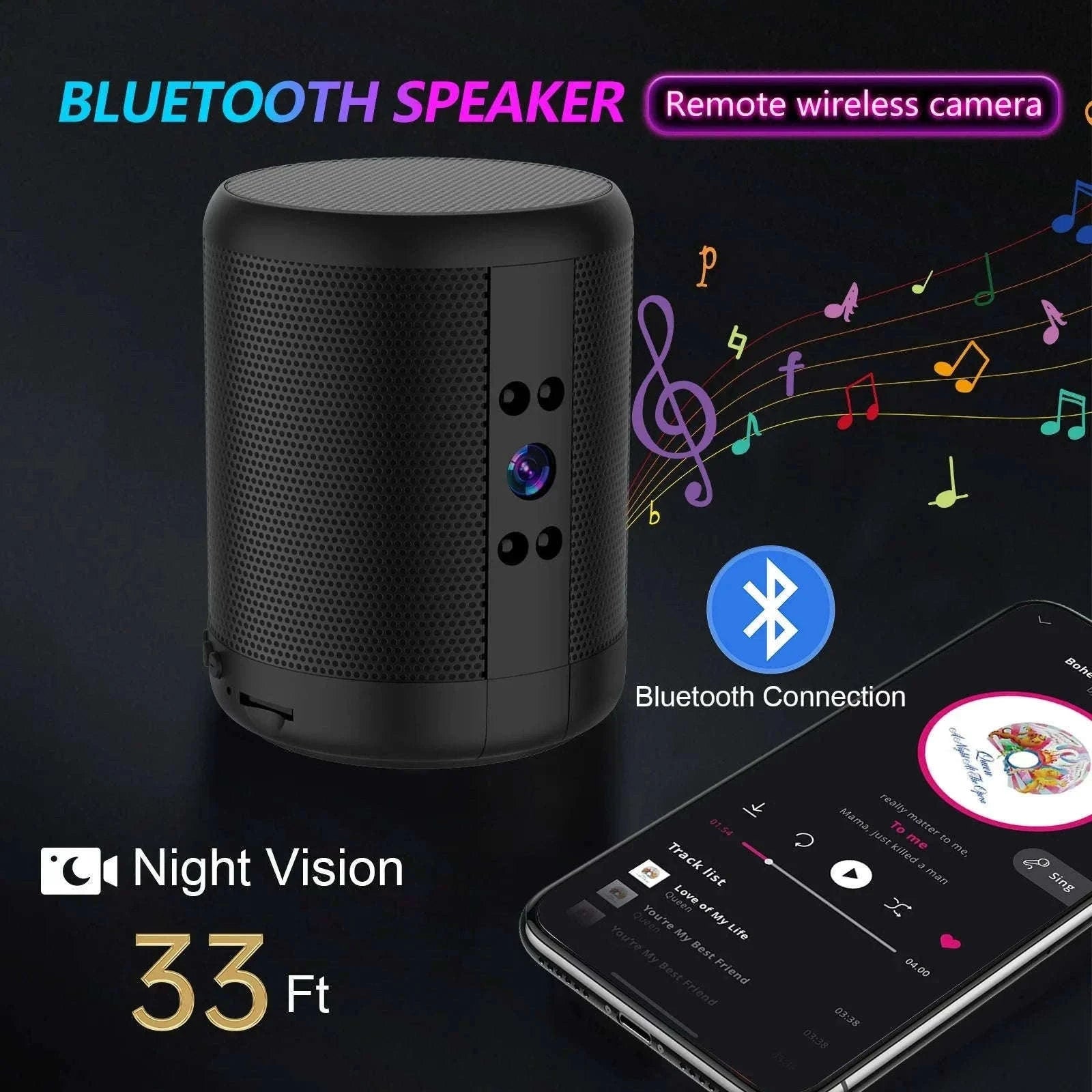 1080P HD Mini WiFi Camera Bluetooth Speaker with Night Vision-Black / only camera