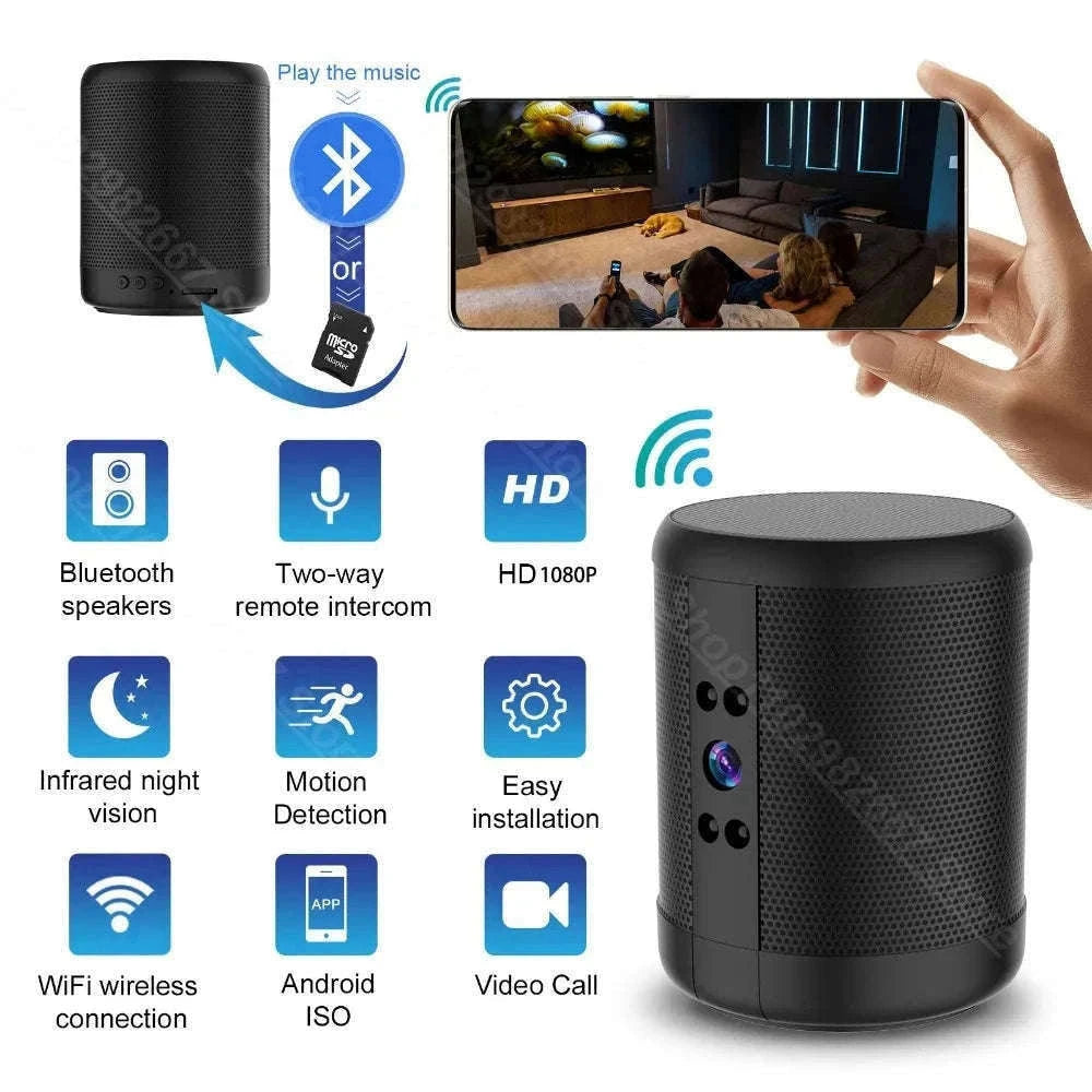 1080P HD Mini WiFi Camera Bluetooth Speaker with Night Vision-Black / only camera