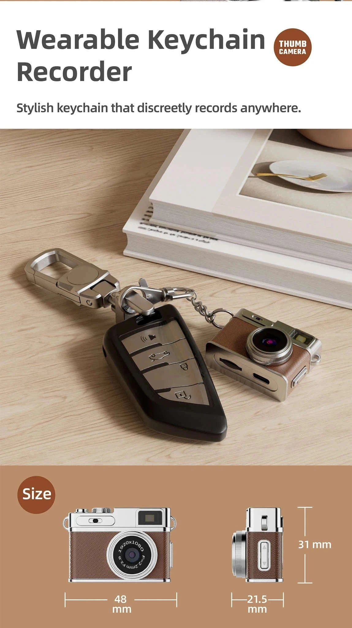 1080P HD Retro Thumb Camera Mini Keychain Wearable Recorder-G1 White / 8GB TF CARD