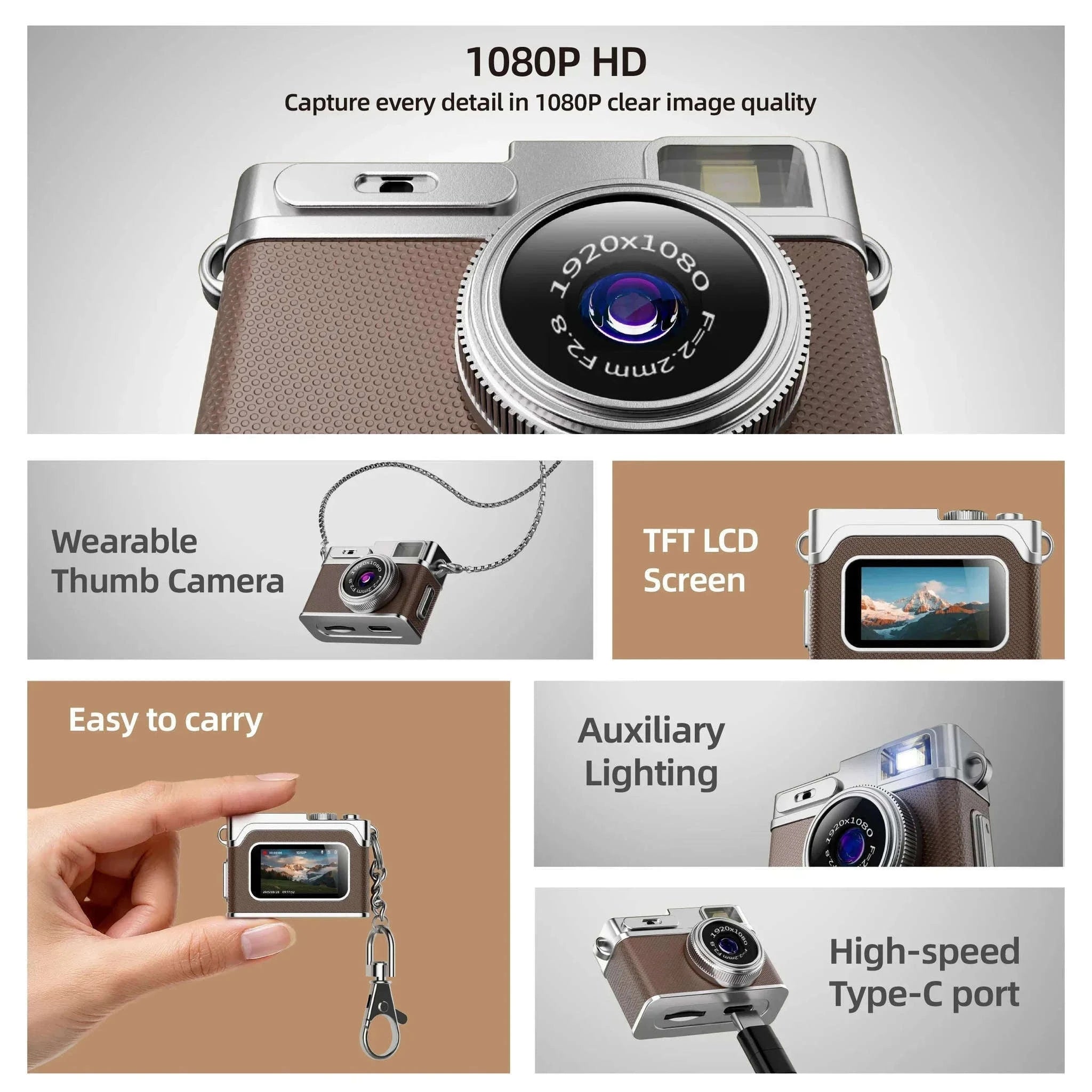 1080P HD Retro Thumb Camera Mini Keychain Wearable Recorder-G1 White / 8GB TF CARD