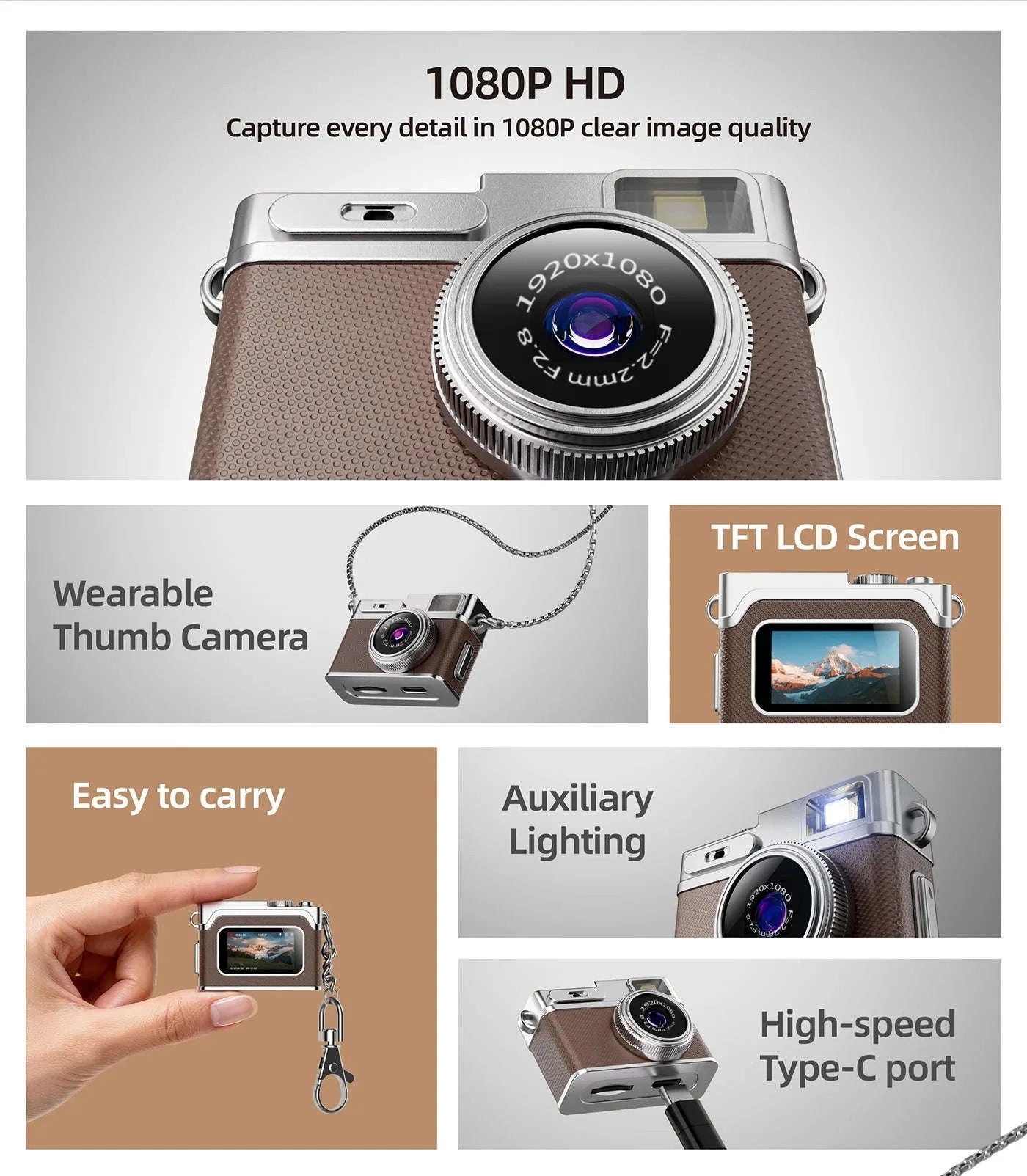 1080P HD Retro Thumb Camera Wearable Portable Mini Keychain Camera-G1 Brown / 32GB TF CARD