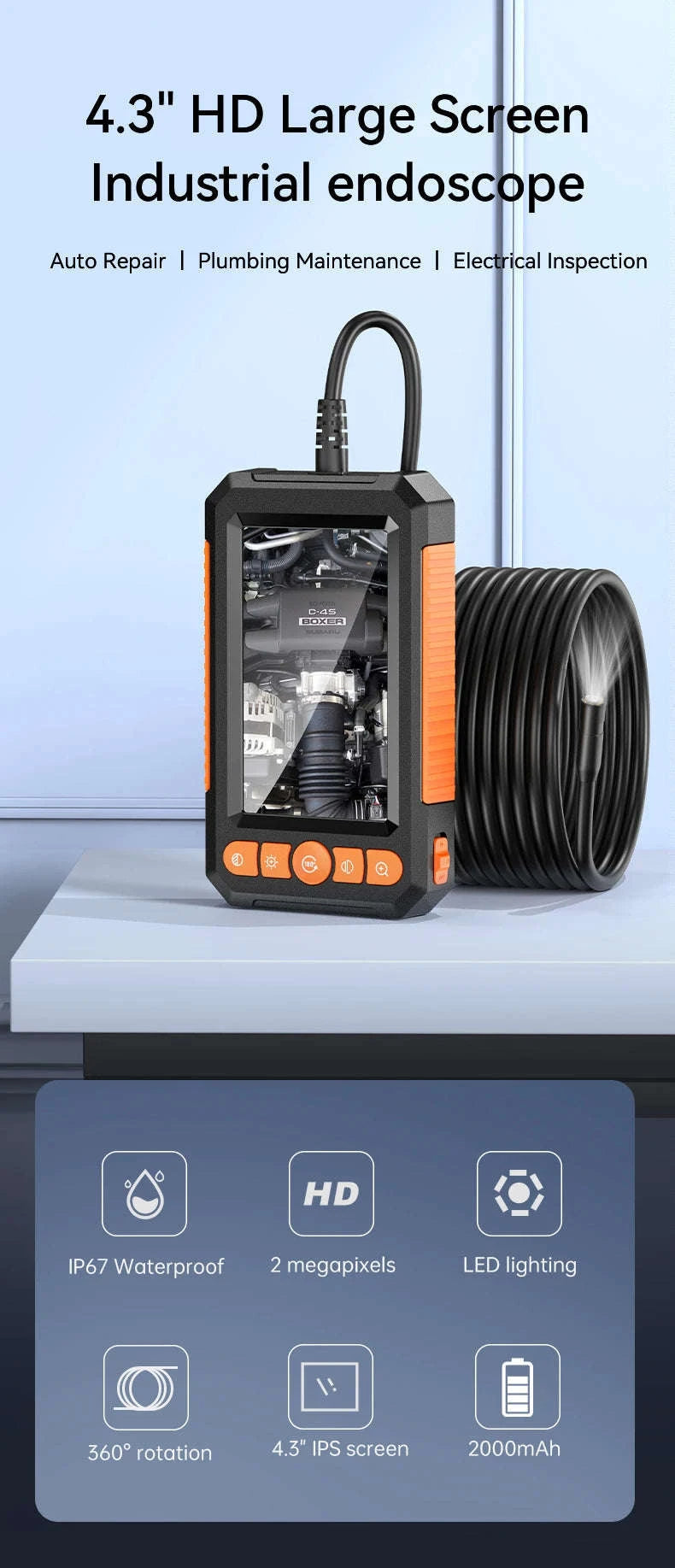 1080P Industrial Endoscope Camera with 4.3" IPS Screen-dual lens / United States / 10m