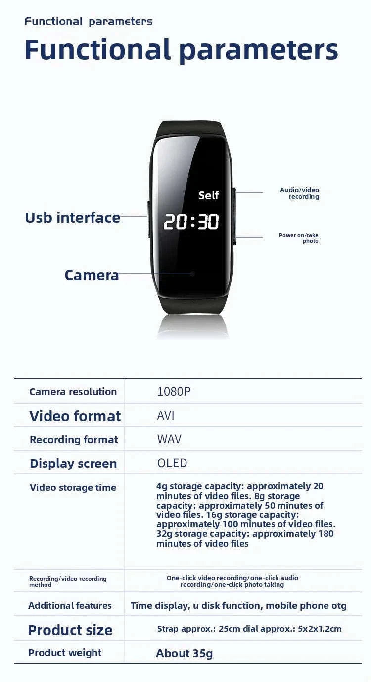 1080P Mini Wristband Camera Watch with 3-Hour Recording-black / with 4G / China Mainland