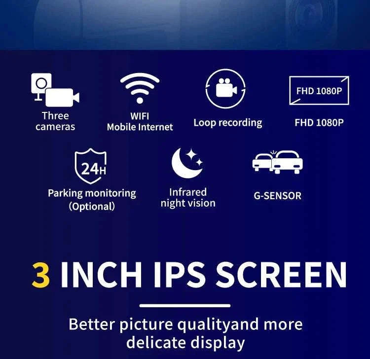 1080P Triple Lens Dash Cam Front Interior Rear with Night Vision-front inside rear / United States
