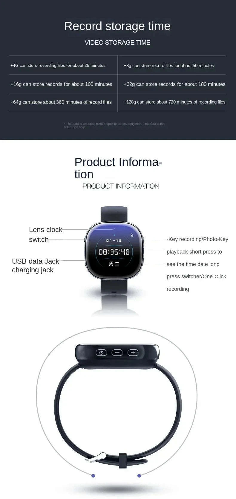 1080P Watch Mini Camera with Audio Recording-64GB / China Mainland