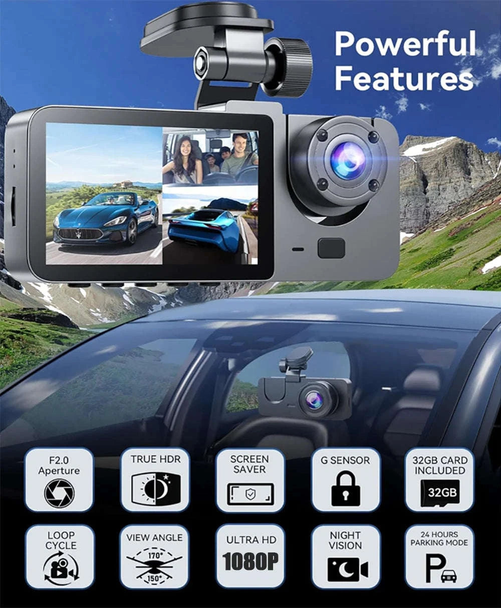 1080P WiFi Dash Cam with 3 Cameras, Night Vision & Parking Monitor-X94-WIFI-2CAM / NONE