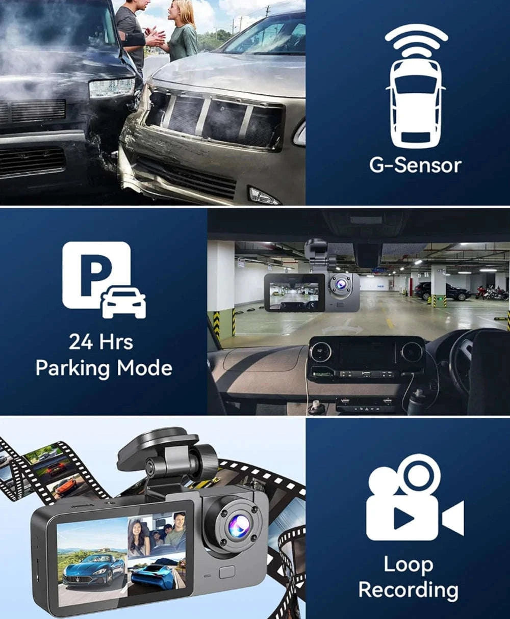 1080P WiFi Dash Cam with 3 Cameras, Night Vision & Parking Monitor-X94-WIFI-2CAM / NONE