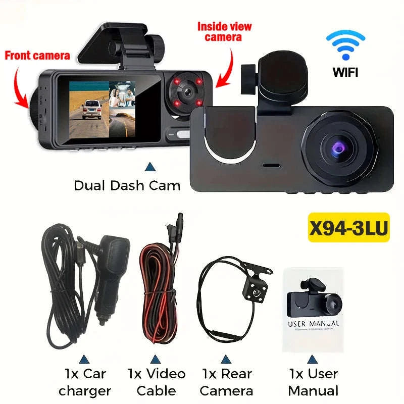 1080P WiFi Dash Cam with 3 Cameras, Night Vision & Parking Monitor-X94-WIFI-2CAM / NONE