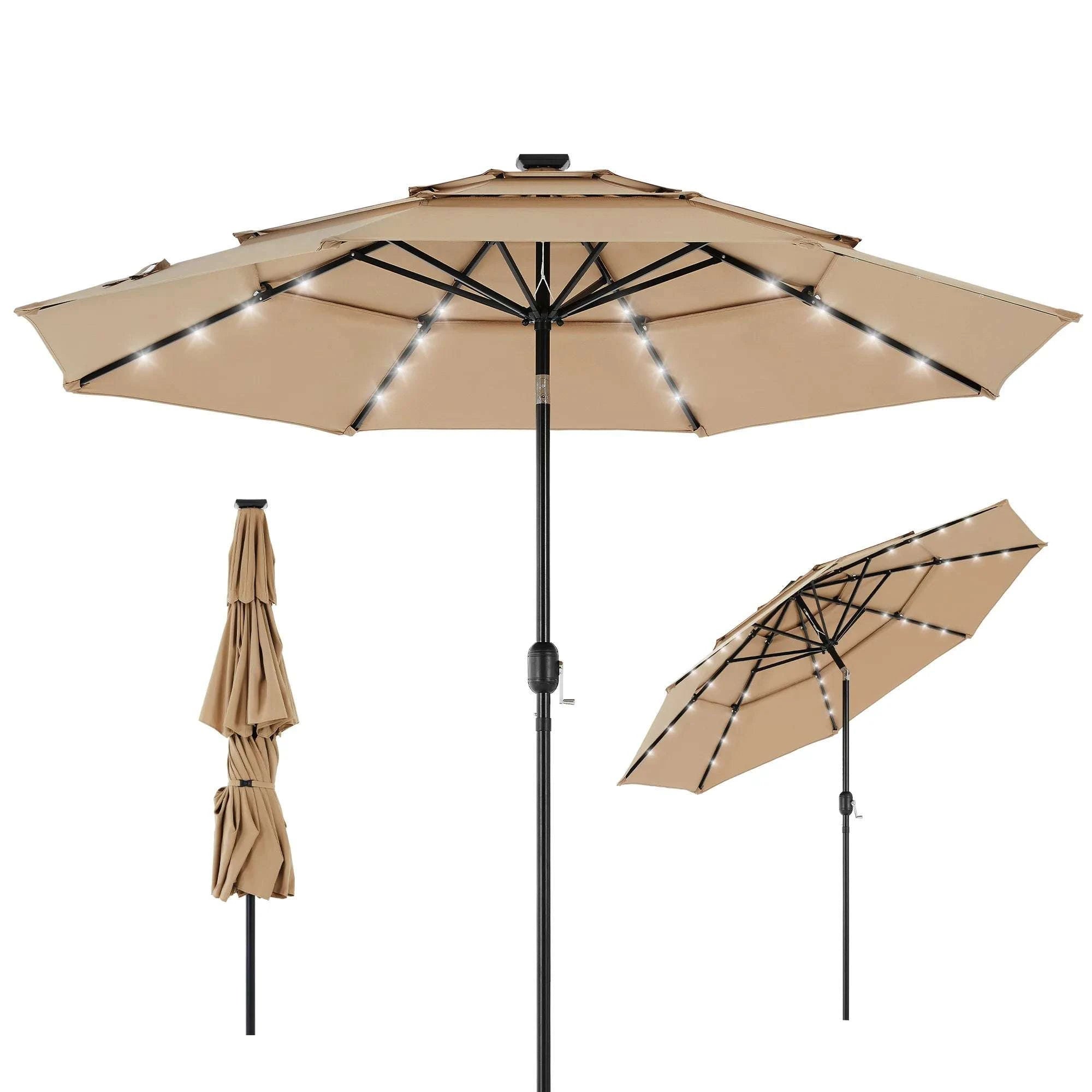 10FT Outdoor Patio Umbrella with Solar LED Lights & Tilt-Dark Khaki / United States