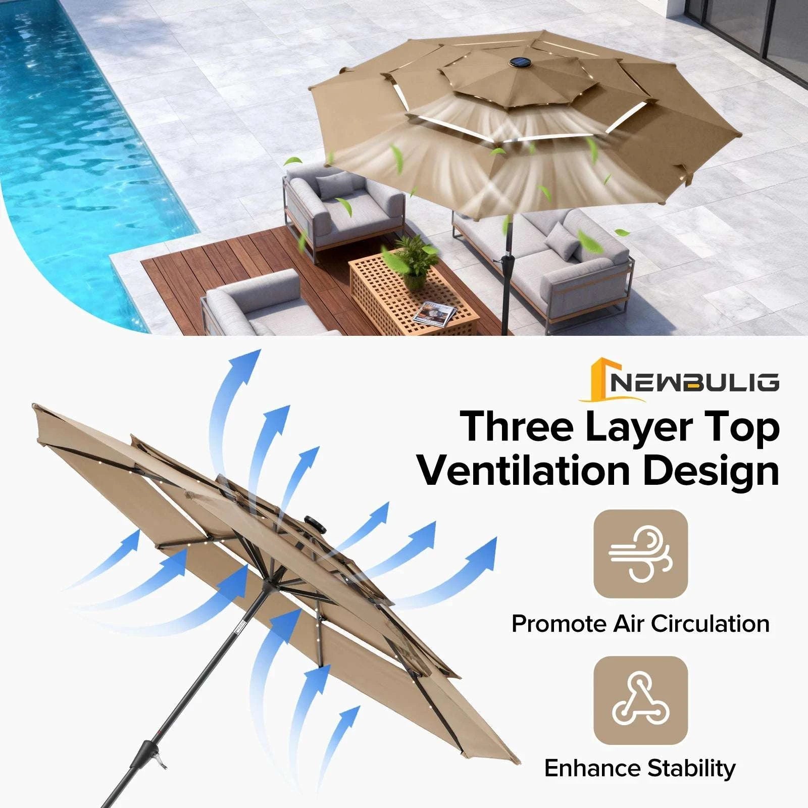 10FT Solar LED Patio Umbrella with 3-Tier Vent and Crank-KHAKI / United States