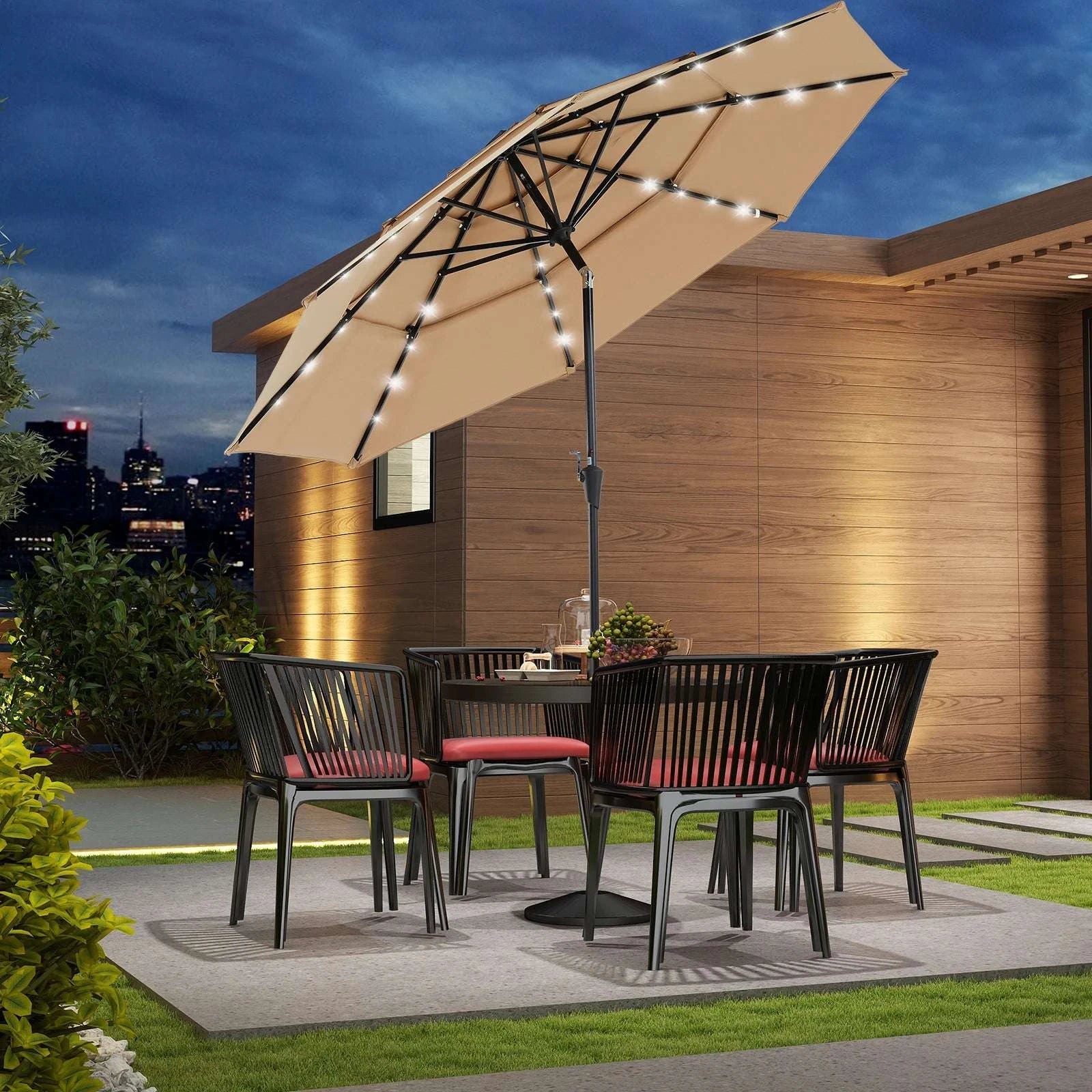 10FT Solar LED Patio Umbrella with 3-Tier Vent and Crank-KHAKI / United States