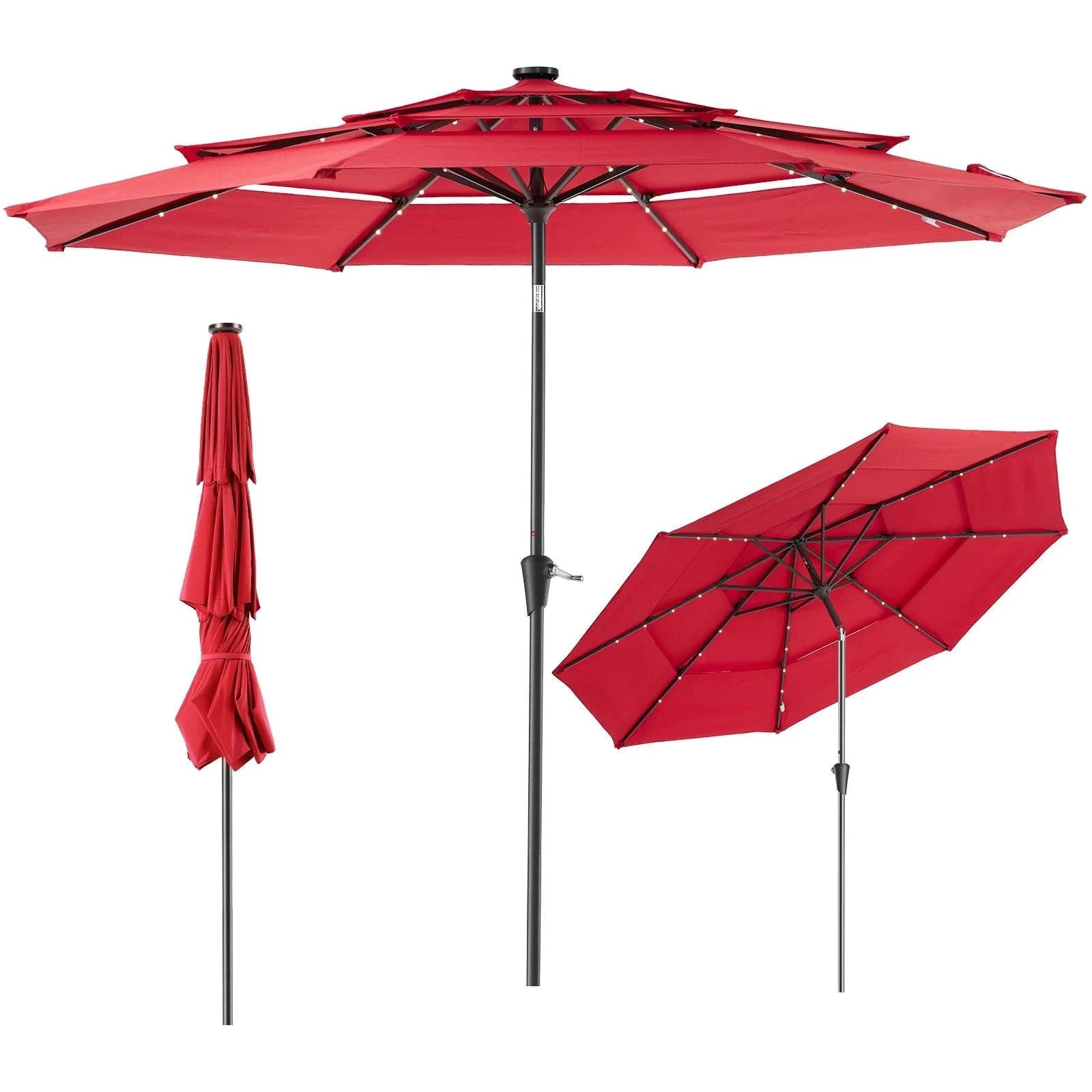 10FT Solar LED Patio Umbrella with 3-Tier Vent and Crank-KHAKI / United States