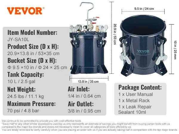 10L Paint Pressure Pot Tank with Adjustable 0–70 PSI Control-10L 70psi 4.8bar / france