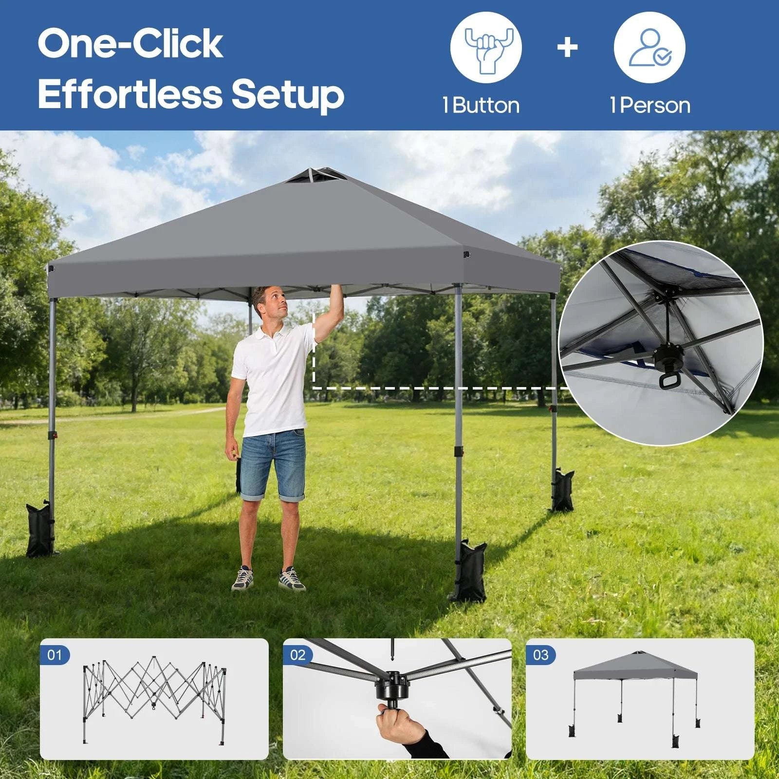 10x10ft Pop Up Canopy Tent with One-Push Setup & Carry Bag-GRAY / United States