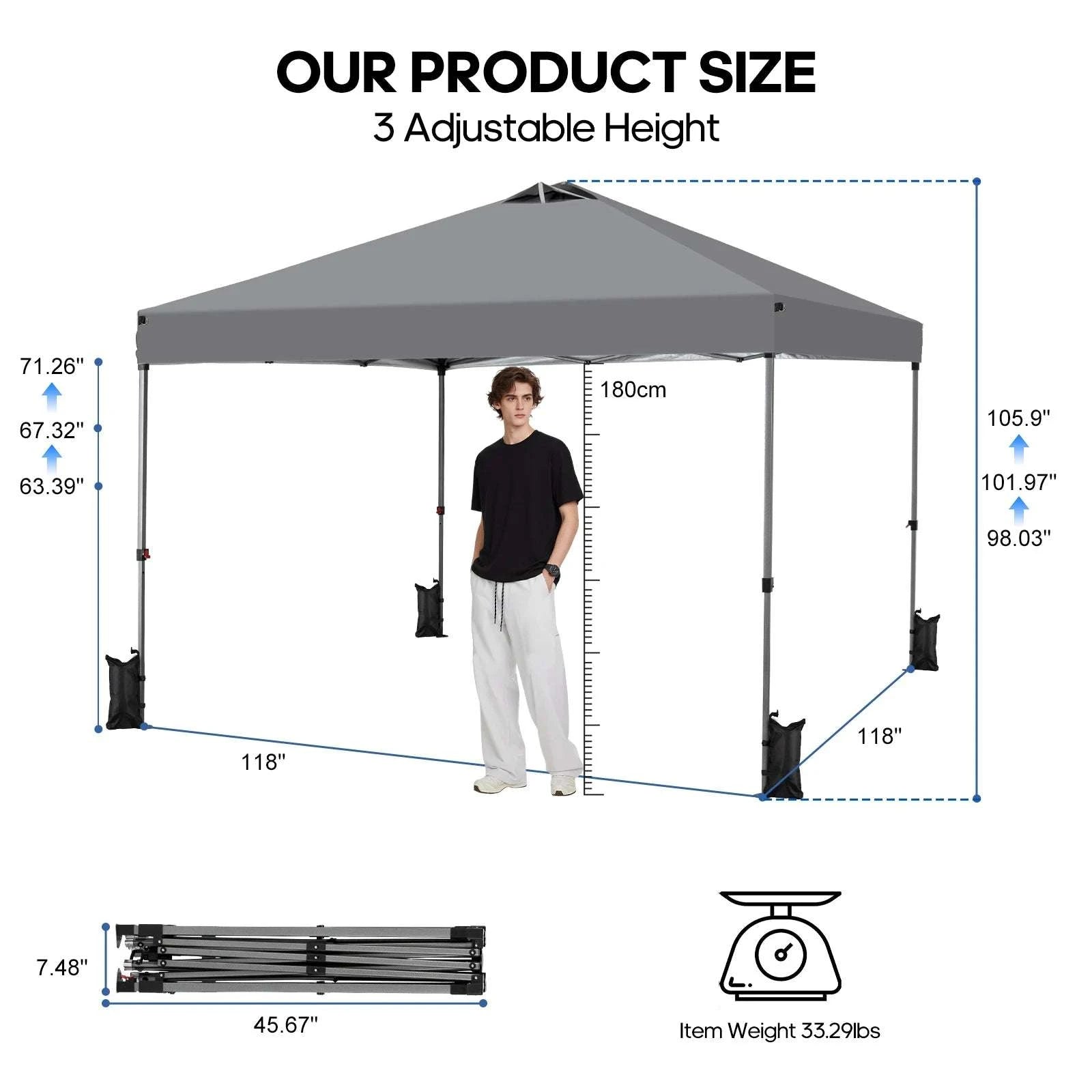 10x10ft Pop Up Canopy Tent with One-Push Setup & Carry Bag-GRAY / United States