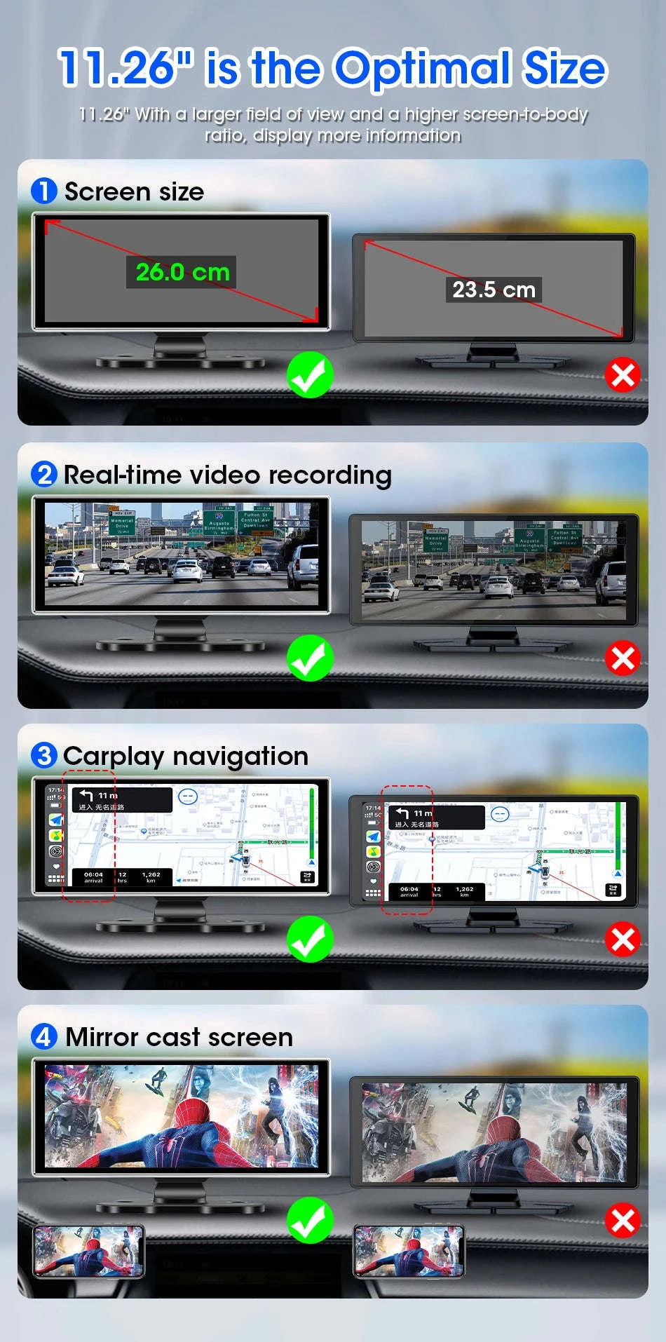 11.26 Inch 4K Car DVR with Wireless CarPlay and Android Auto-10.26inch-Front Cam / NO TF card