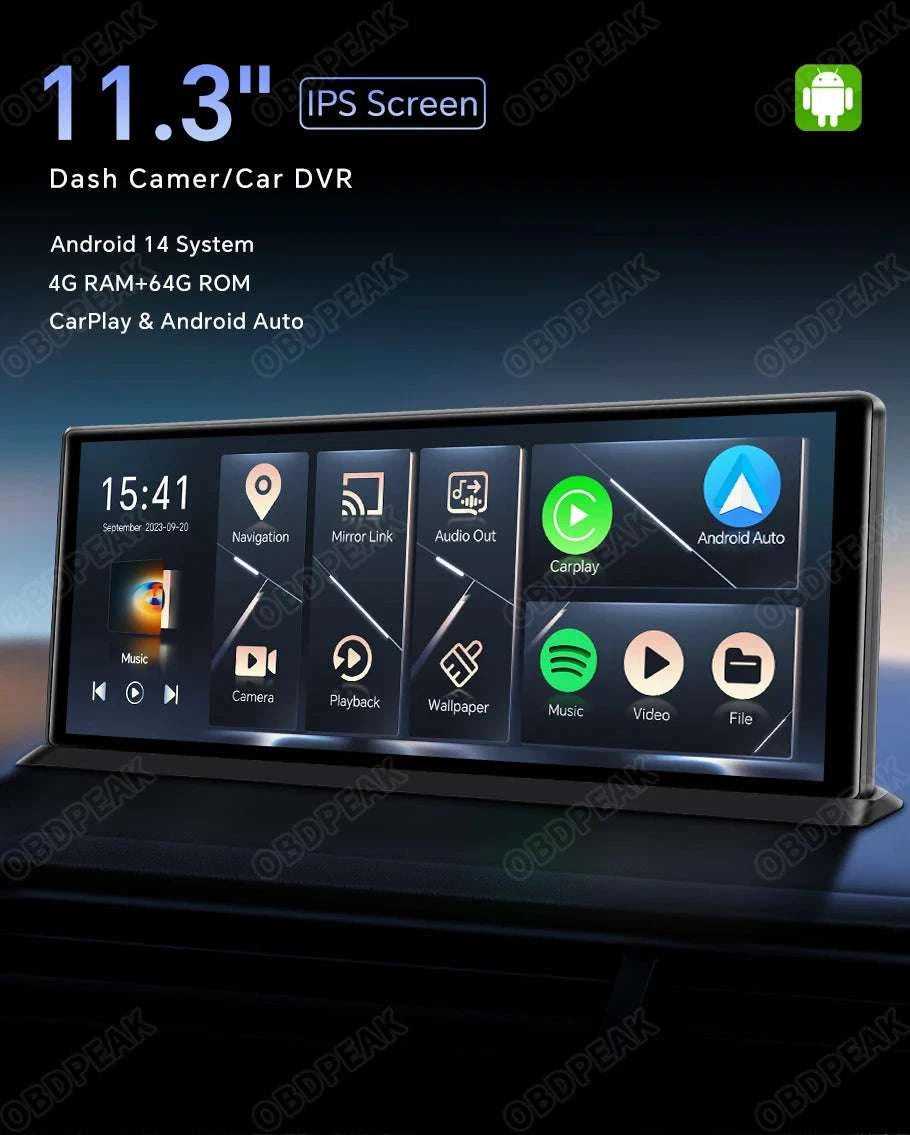 11.3" Android 14 Car Mirror Dash Cam with CarPlay, GPS & 1080P-K60 Pro-Single lens / With 128G TF Card