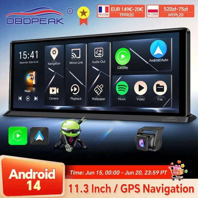 11.3" Android 14 Car Mirror Dash Cam with CarPlay, GPS & 1080P-K60 Pro-Single lens / With 128G TF Card