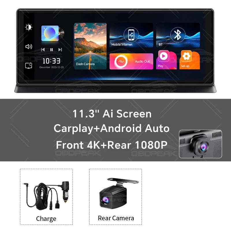 11.3 Inch 4K Car DVR Dash Cam with GPS and Dual Lens-Single Len / No TF Card