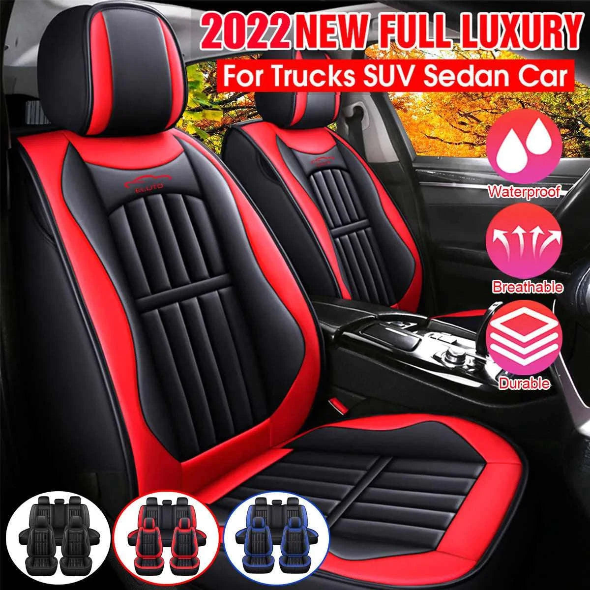 11-Piece 5-Seat PU Leather Car Seat Covers Set-Red / United States / Four Seasons|PU