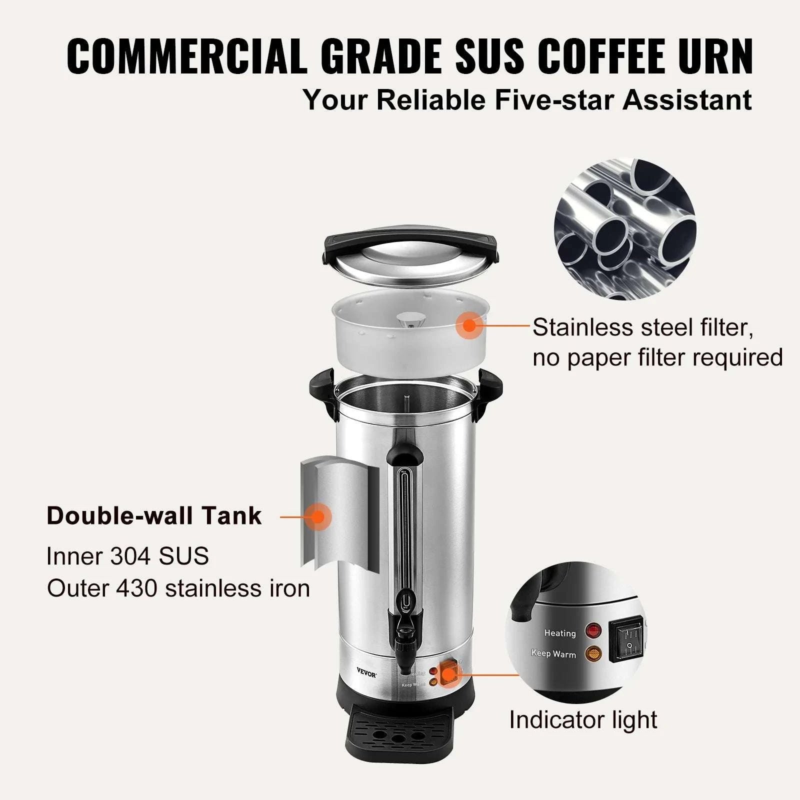 110 Cup Commercial Coffee Urn 16.4L Stainless Steel Hot Dispenser-United States