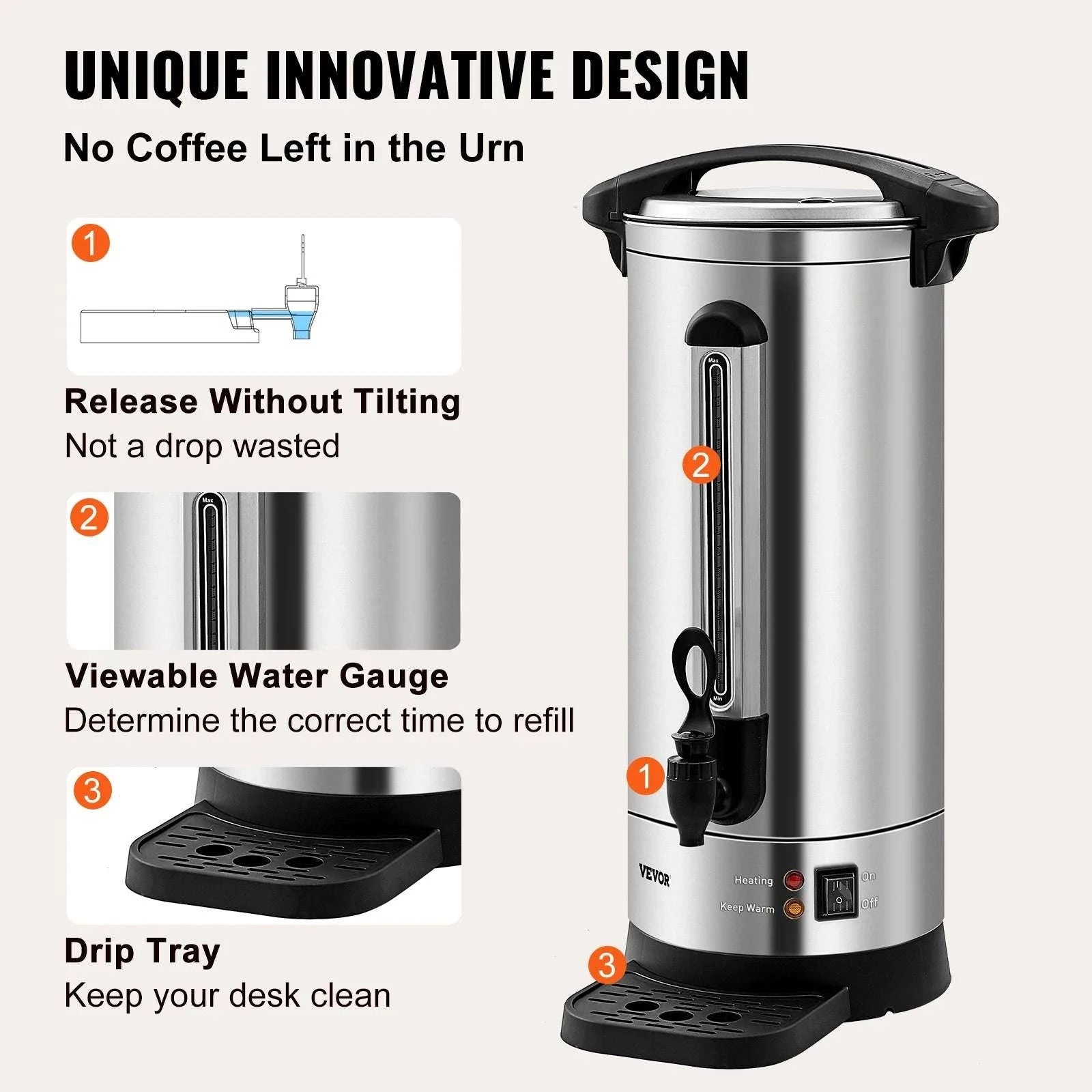 110 Cup Commercial Coffee Urn 16.4L Stainless Steel Hot Dispenser-United States