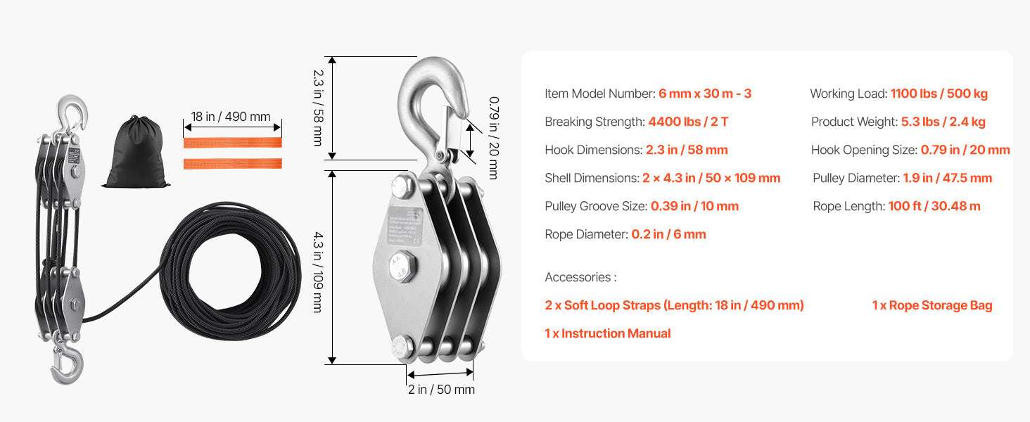 1100 lbs Manual Pulley Hoist with 100ft Rope & 5:1 Lifting Power-4400Lbs / United States