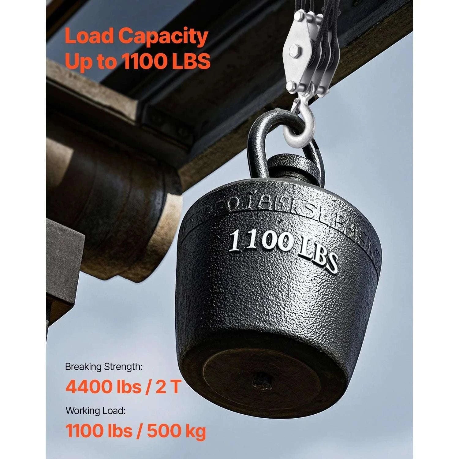 1100 lbs Manual Pulley Hoist with 100ft Rope & 5:1 Lifting Power-4400Lbs / United States