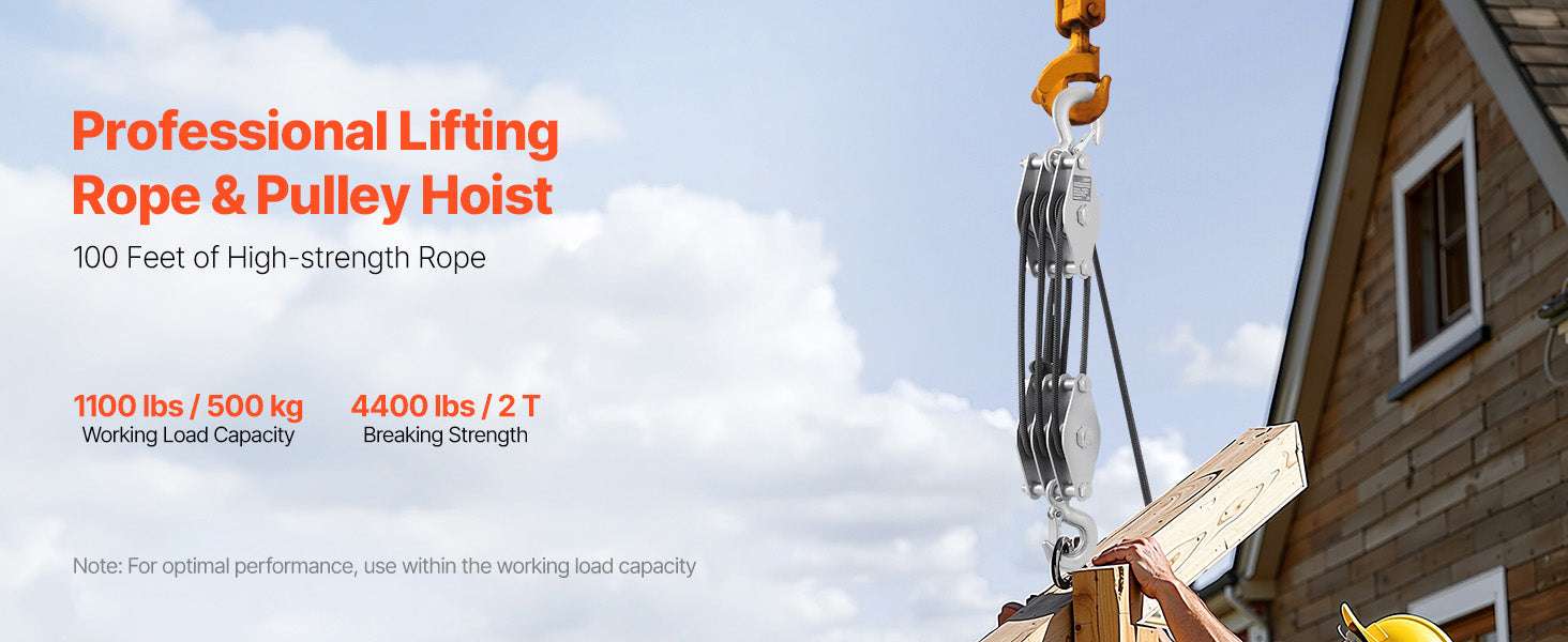 1100 lbs Manual Pulley Hoist with 100ft Rope & 5:1 Lifting Power-4400Lbs / United States