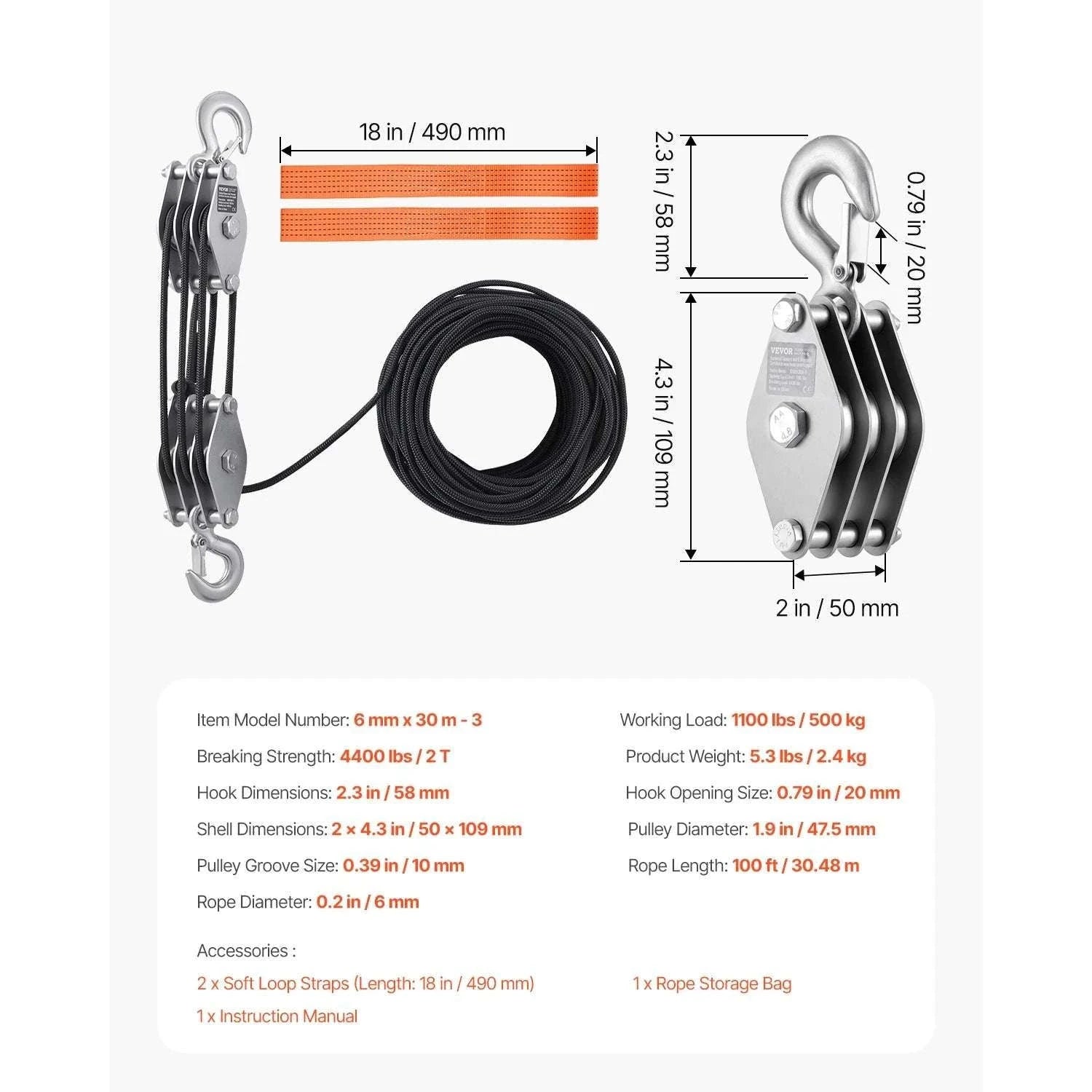 1100 lbs Manual Pulley Hoist with 100ft Rope & 5:1 Lifting Power-4400Lbs / United States