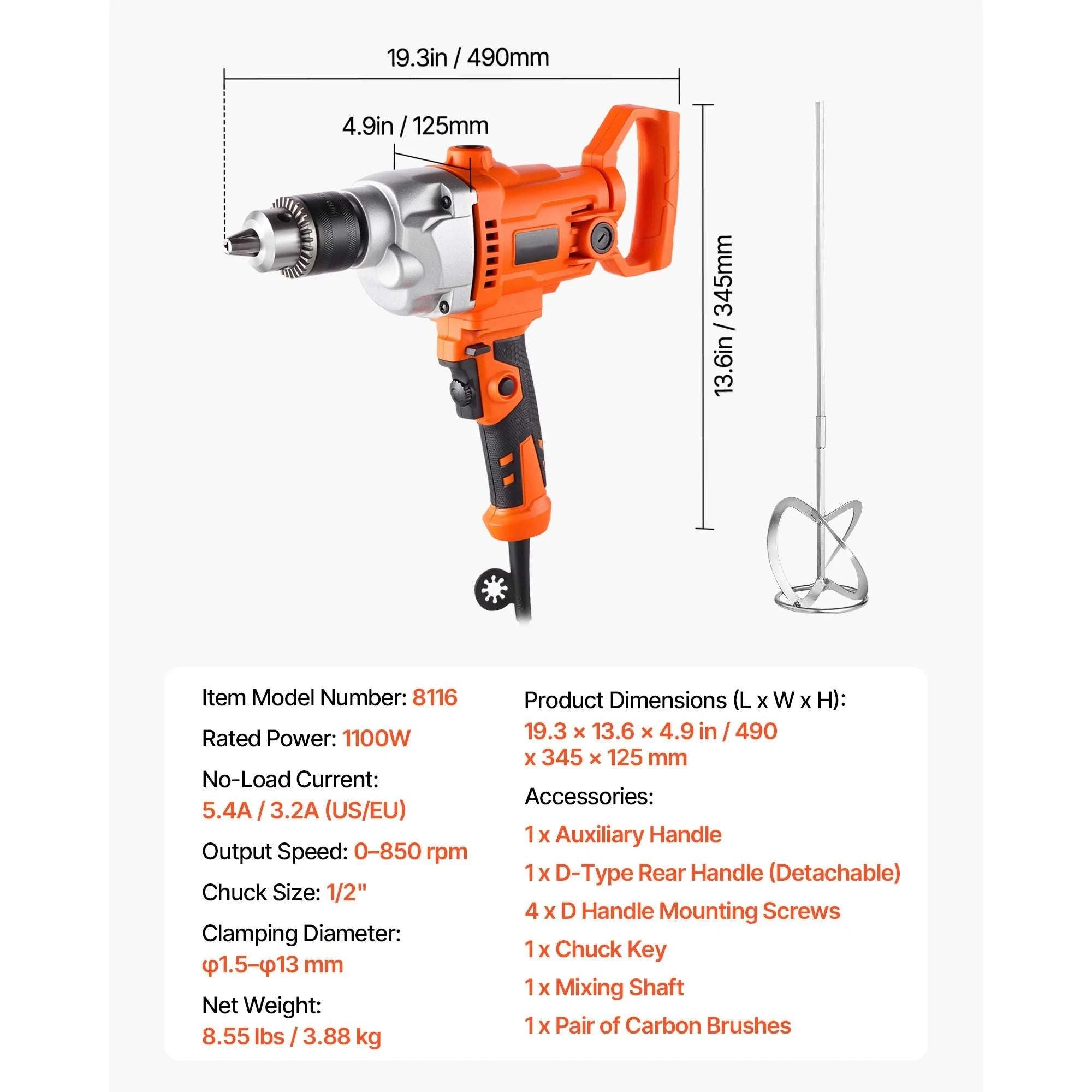 1100W Corded Drill Mixer with D-Handle & Variable Speed Control-1100W 15.89mm / spain