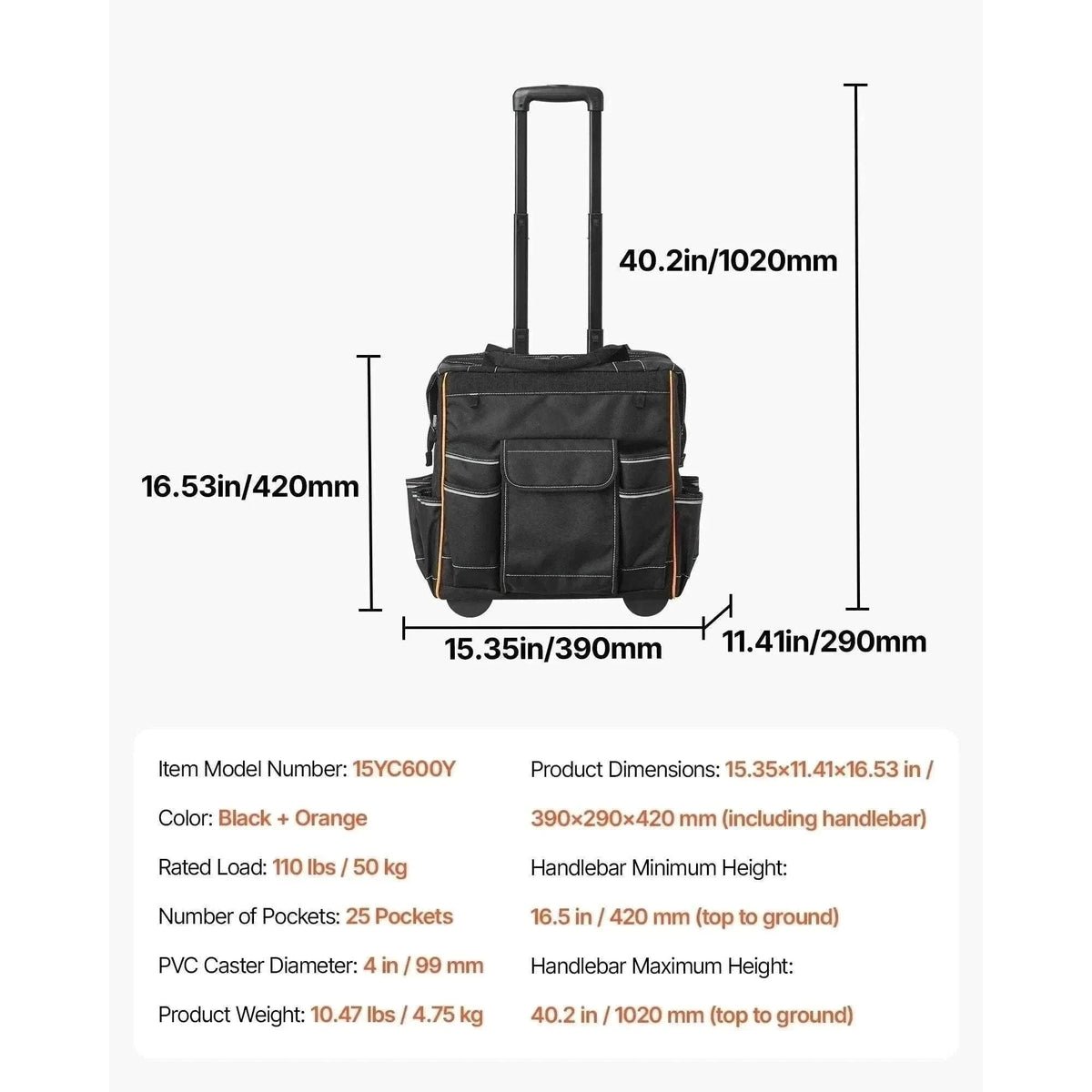110L Rolling Tool Bag with Wheels, 25 Pockets & Telescoping Handle-18 in / United States