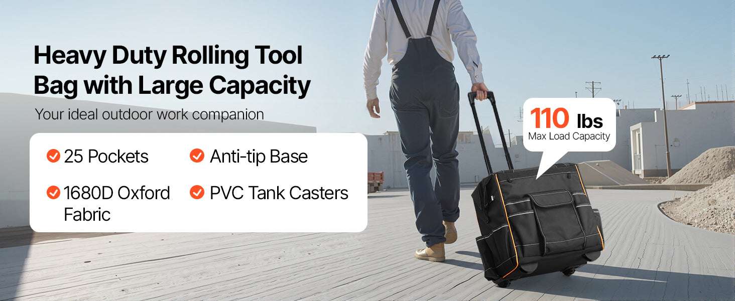110L Rolling Tool Bag with Wheels, 25 Pockets & Telescoping Handle-18 in / United States