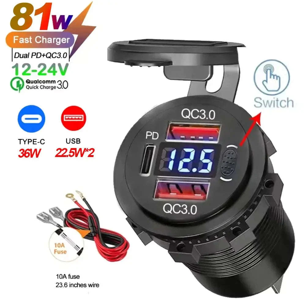117W Dual PD3.0 & QC3.0 USB Car Charger with Voltmeter-117W with Wire