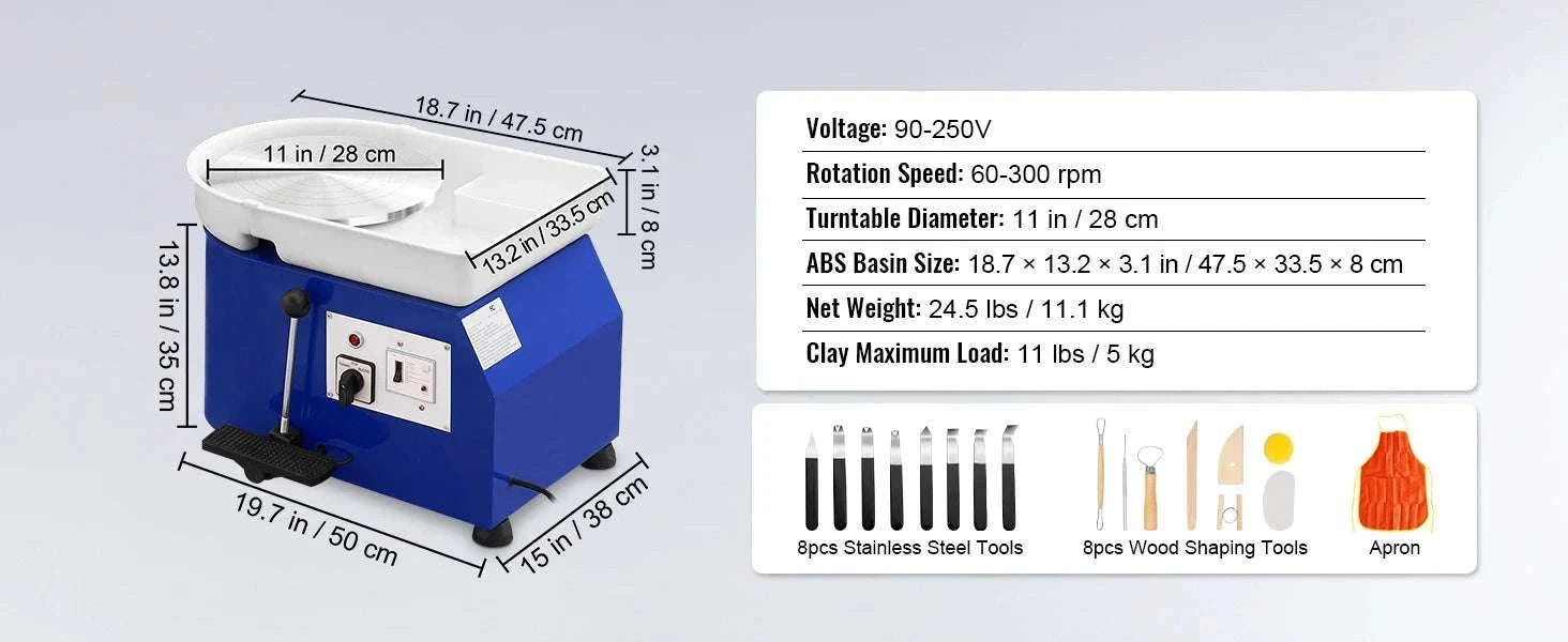 11in Pottery Wheel Machine 350W with Foot Pedal Adjustable Speed-450W 8kg Blue / france