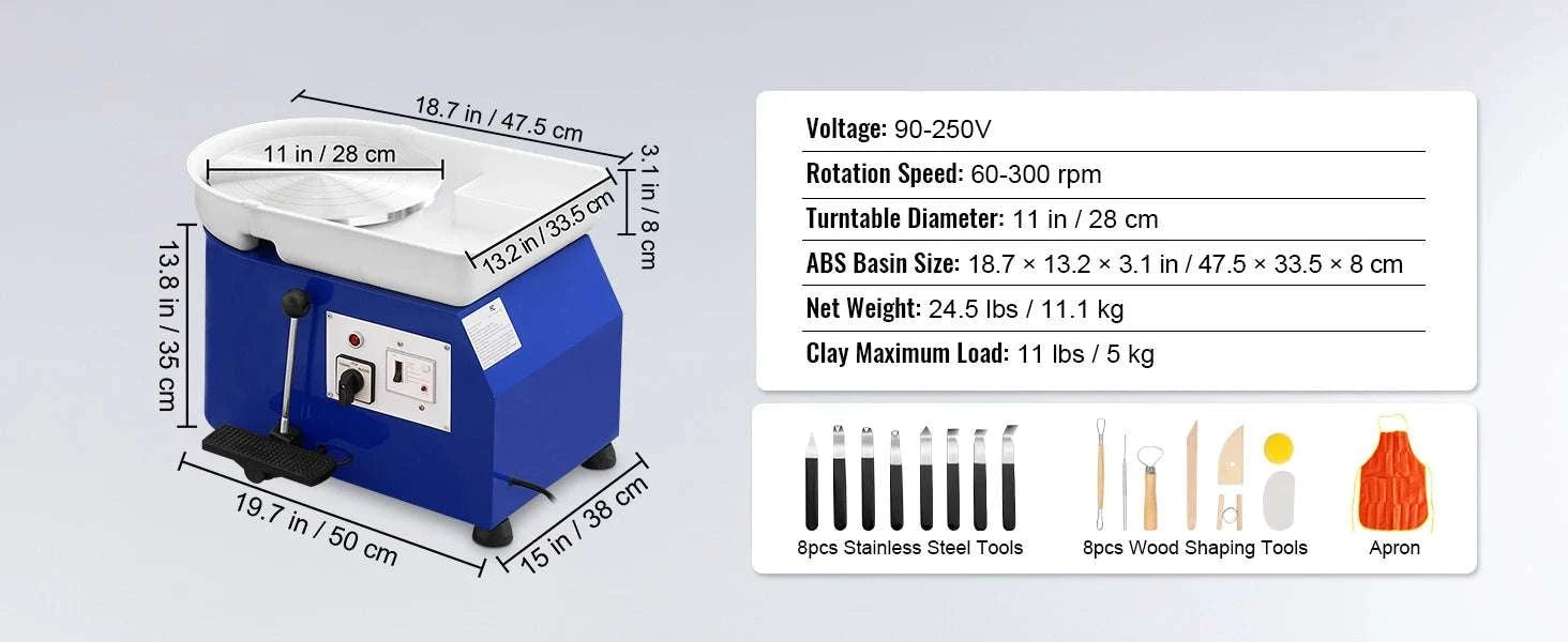 11in Pottery Wheel Machine 350W with Foot Pedal Adjustable Speed-450W 8kg Blue / france