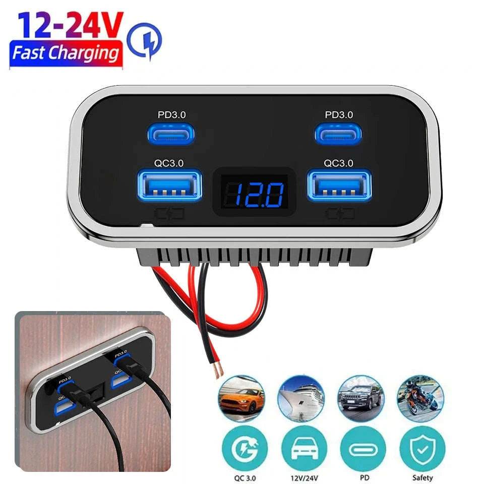 12/24V Dual USB Car Charger Socket with Dual PD 3.0 and Dual QC 3.0 Ports-2USB 2 Type C -1