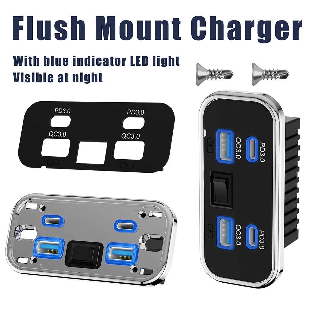 12/24V Dual USB Car Charger Socket with Dual PD 3.0 and Dual QC 3.0 Ports-2USB 2 Type C -1
