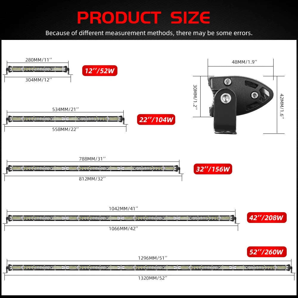 12-52 Inch Off Road LED Light Bar Combo Beam 6500K IP68-3M Waterproof Wire / spain