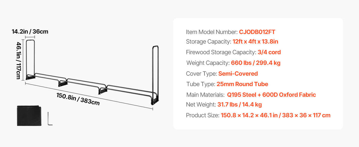 12.7FT Outdoor Firewood Rack with Cover-102x12x46in / CZECH REPUBLIC