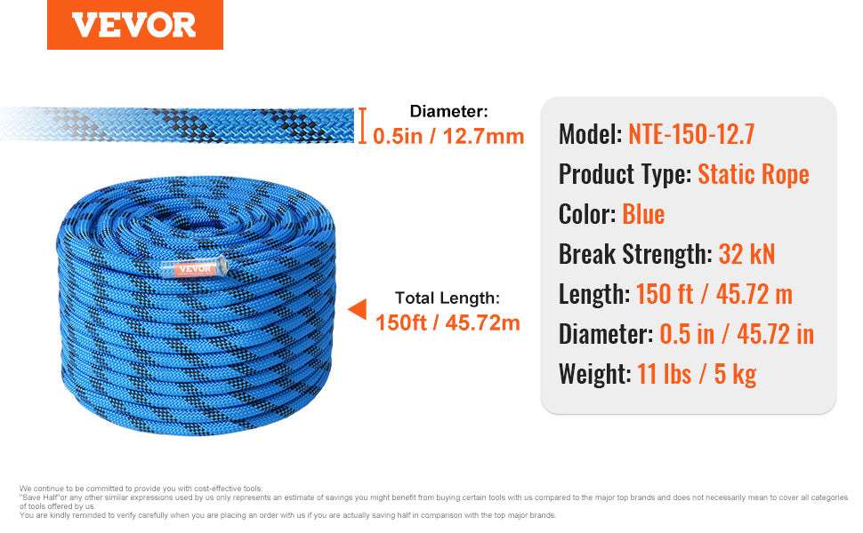 12.7mm Static Climbing Rope with 32kN Strength & Steel Hooks-150FT 12.7MM / United States