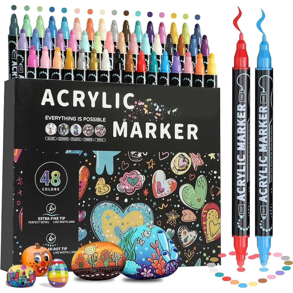 12-Color Dual-Tip Acrylic Paint Pens Set for Crafts-48 colors