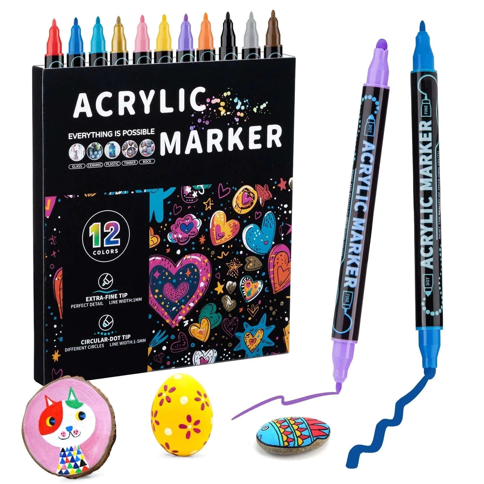12-Color Dual-Tip Acrylic Paint Pens Set for Crafts-48 colors