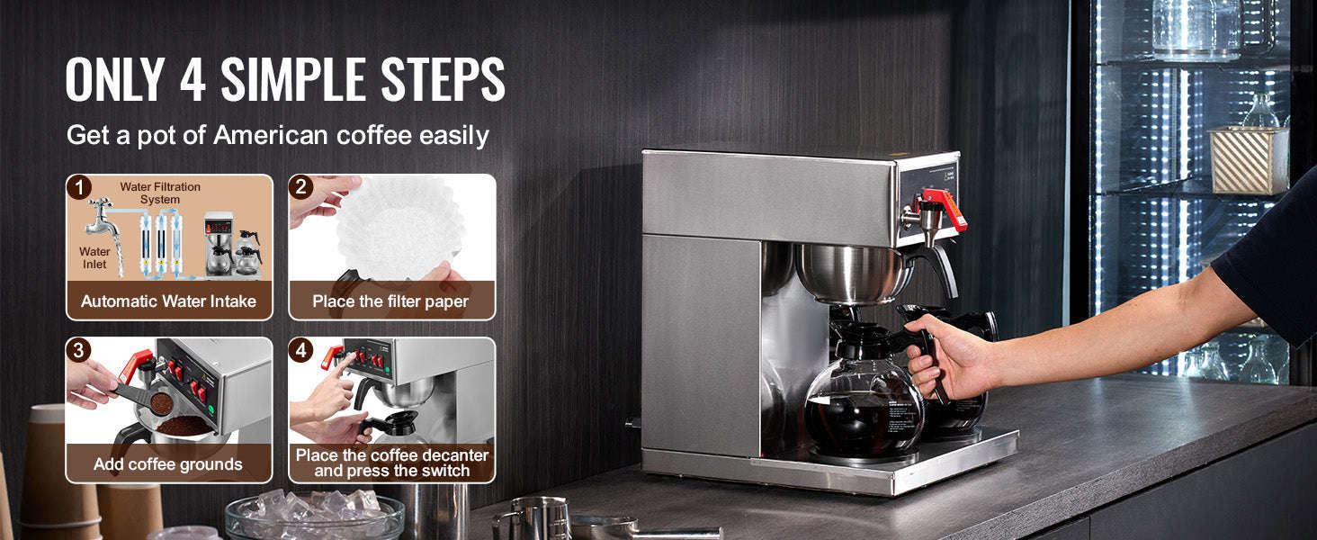 12-Cup Commercial Drip Coffee Maker with 3 Glass Carafes and 3 Warming Plates-110V / United States