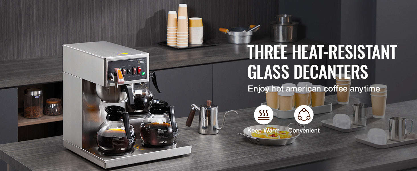 12-Cup Commercial Drip Coffee Maker with 3 Glass Carafes and 3 Warming Plates-110V / United States