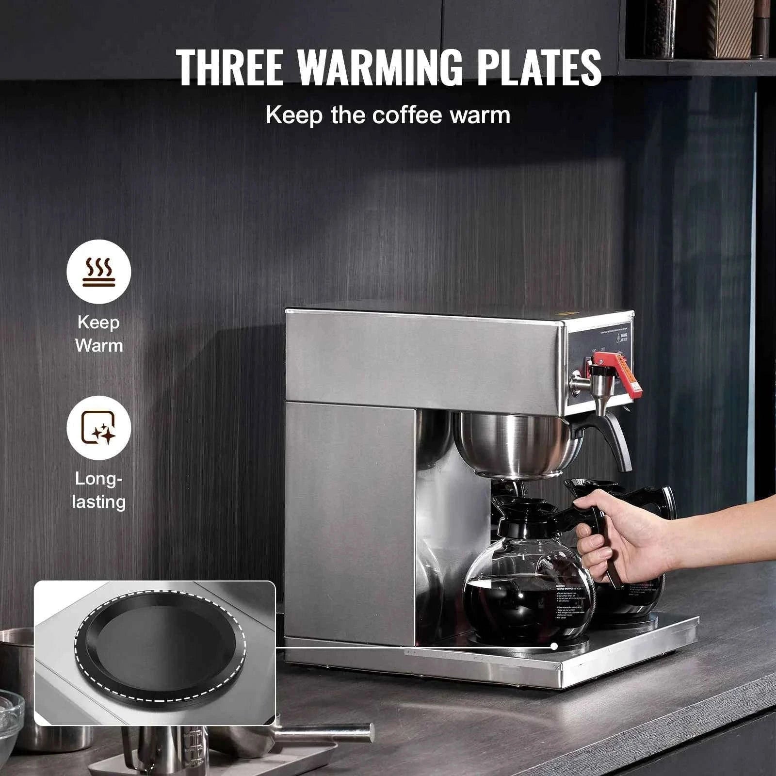 12-Cup Commercial Drip Coffee Maker with 3 Glass Carafes and 3 Warming Plates-110V / United States
