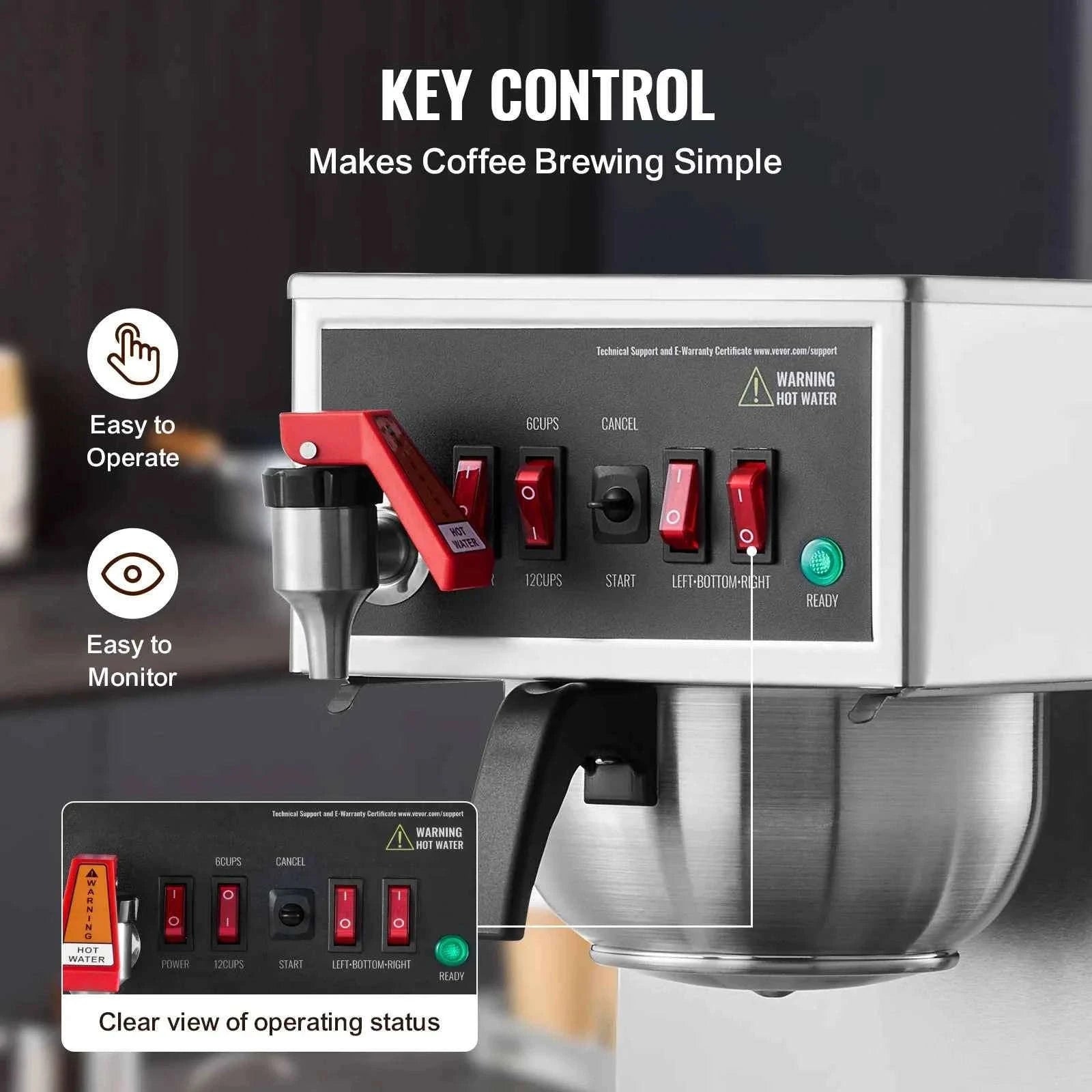 12-Cup Commercial Drip Coffee Maker with 3 Glass Carafes and 3 Warming Plates-110V / United States
