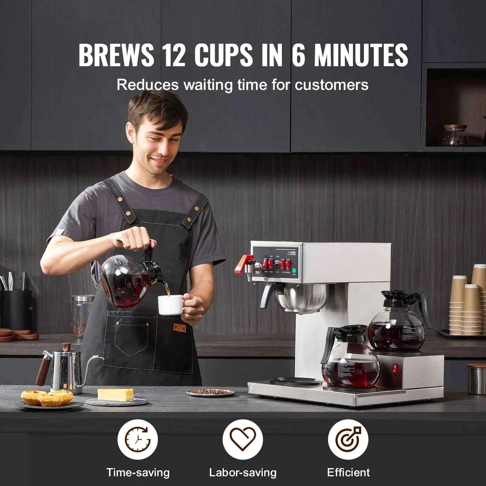 12-Cup Commercial Drip Coffee Maker with 3 Glass Carafes and 3 Warming Plates-110V / United States