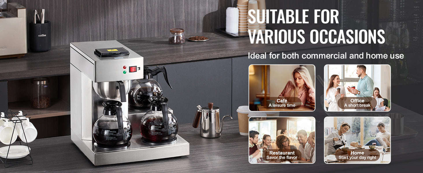 12-Cup Commercial Drip Coffee Maker with 3 Glass Carafes and 3 Warming Plates-3 Warmer Plates / United States