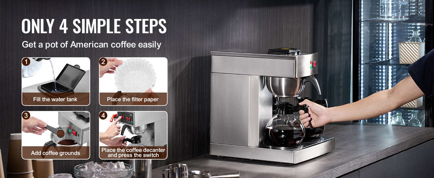 12-Cup Commercial Drip Coffee Maker with 3 Glass Carafes and 3 Warming Plates-3 Warmer Plates / United States